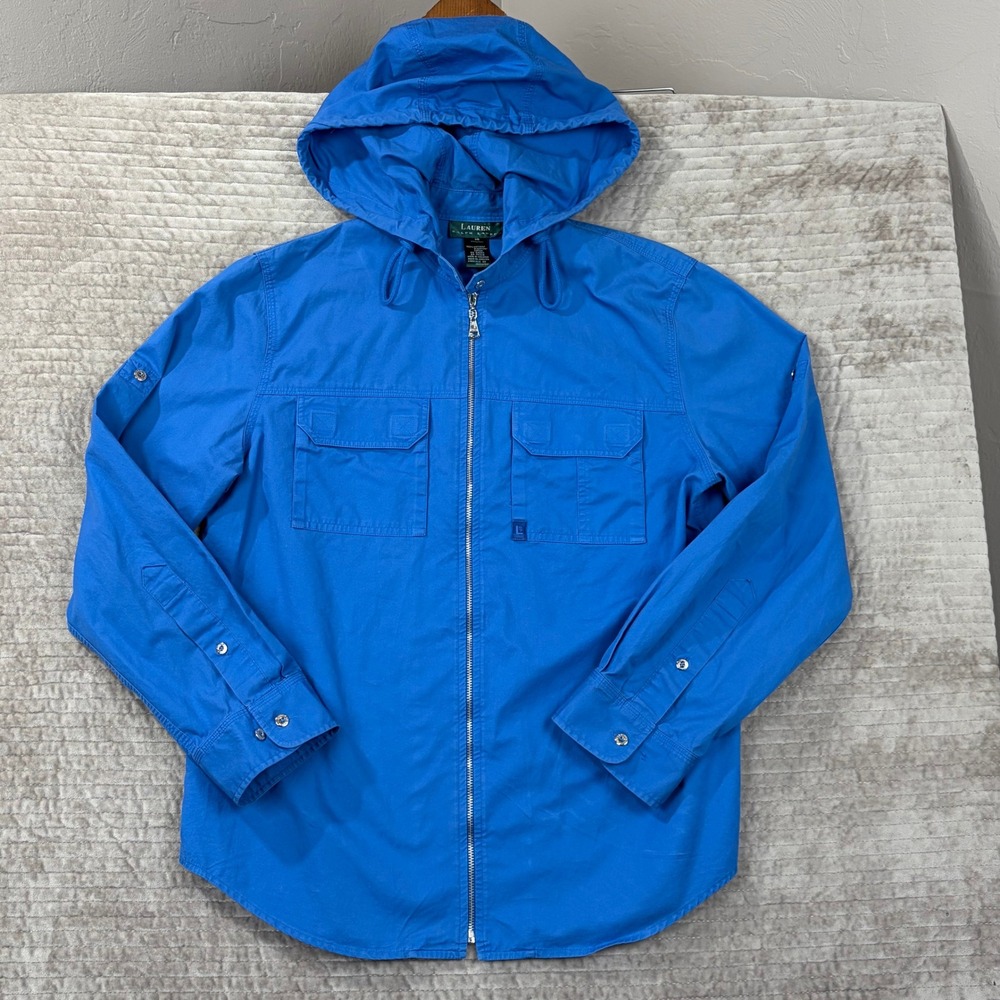 Lauren Ralph‎ Lauren Blue Hooded Zip Up Shirt Jacket Women's Size M Cotton